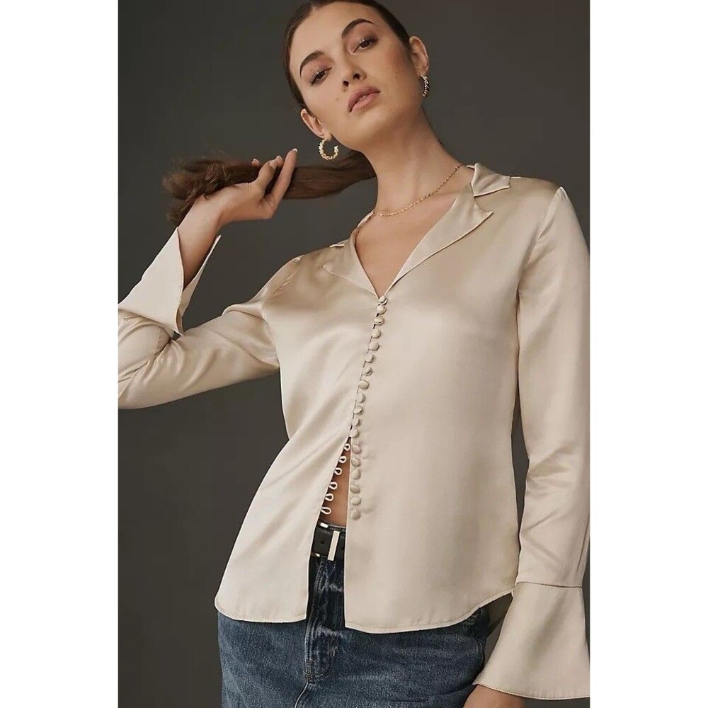 Reformation Jeremiah Women's M Silk Button-Up Shirt Blouse in Almond Bell Sleeve